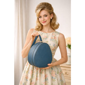 Vintage MCM Blue Vinyl Hat Wig Case Travel Box Zippered Hard Shell Vanity 1960s